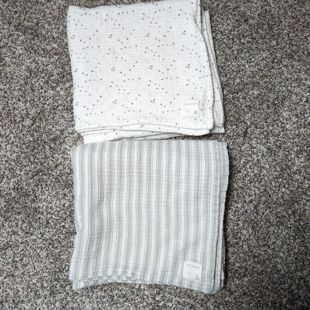 2 Burts Bees Baby Blankets White Gray Muslin Swaddle Blanket